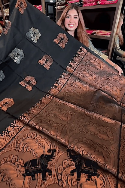 Gratifying Black Soft Banarasi Silk Saree With Intricate Blouse Piece