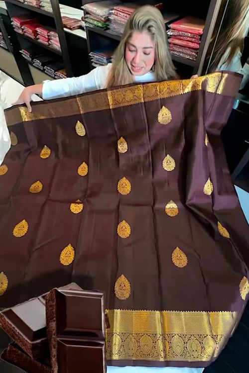 Load image into Gallery viewer, Tantalizing Brown Soft Banarasi Silk Saree With Prominent Blouse Piece
