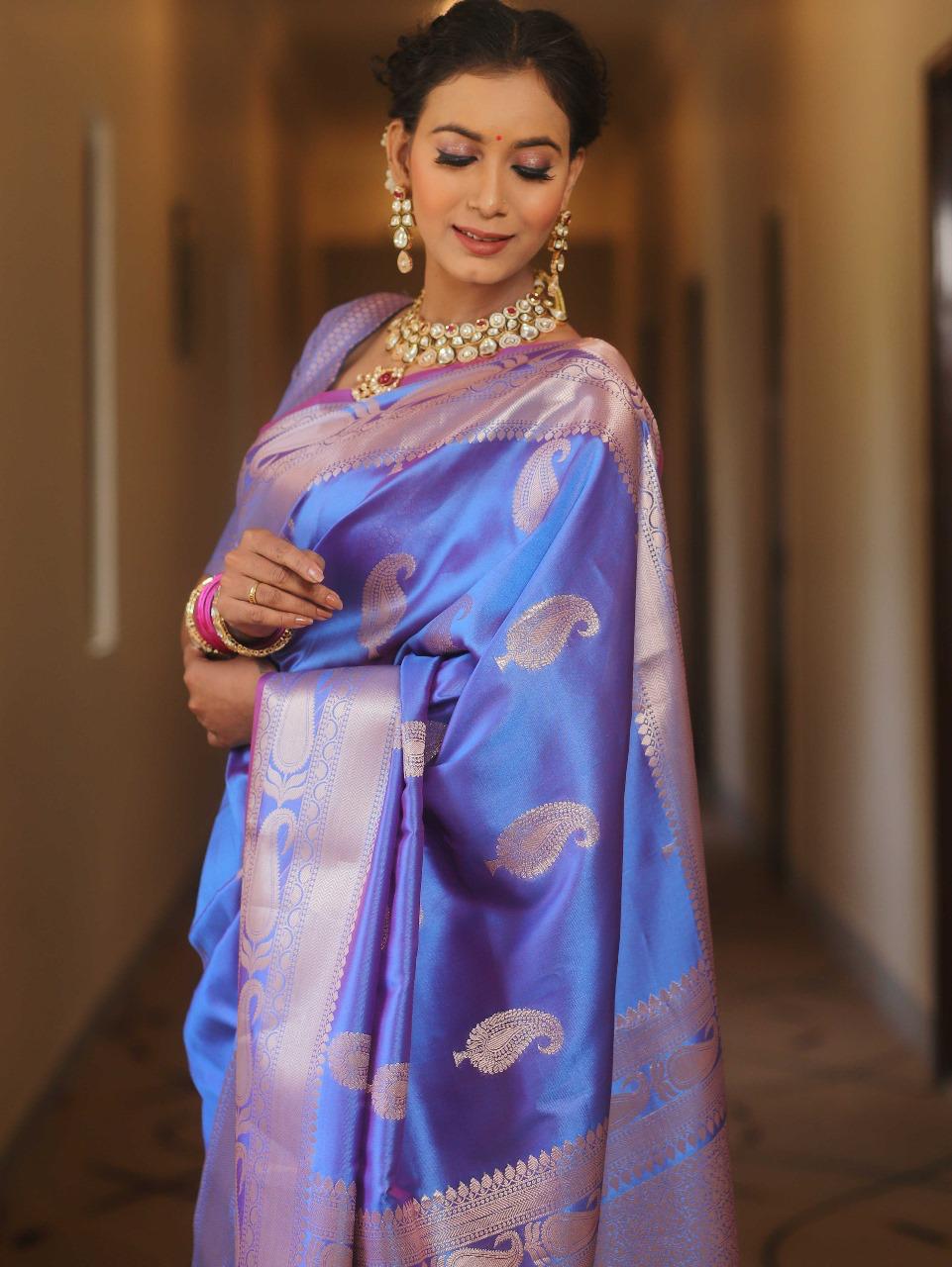 Groovy Blue Soft Banarasi Silk Saree With Artistic Blouse Piece