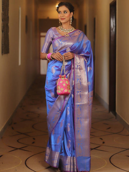 Groovy Blue Soft Banarasi Silk Saree With Artistic Blouse Piece