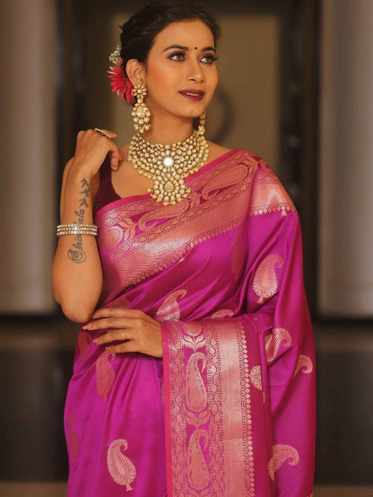 Imbrication Dark Pink Soft Banarasi Silk Saree With Stylish Blouse Piece