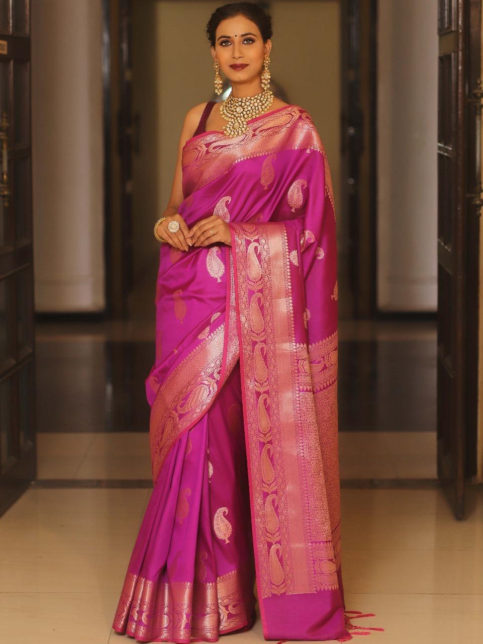 Imbrication Dark Pink Soft Banarasi Silk Saree With Stylish Blouse Piece
