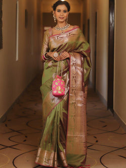 Enthralling Mehndi Soft Banarasi Silk Saree With Deserving Blouse Piece