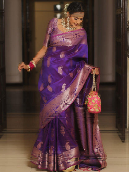 Prettiest Purple Soft Banarasi Silk Saree With Ailurophile Blouse Piece