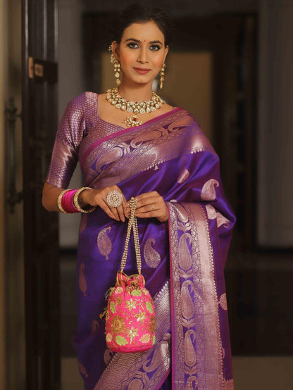 Prettiest Purple Soft Banarasi Silk Saree With Ailurophile Blouse Piece