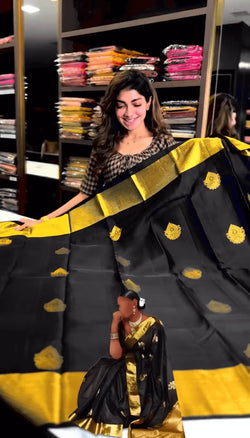 Beautiful Black Soft Banarasi Silk Saree With Snazzy Blouse Piece
