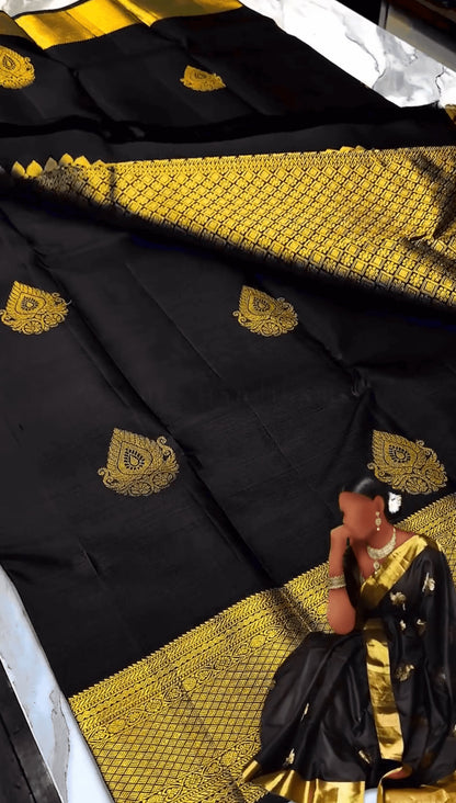 Beautiful Black Soft Banarasi Silk Saree With Snazzy Blouse Piece