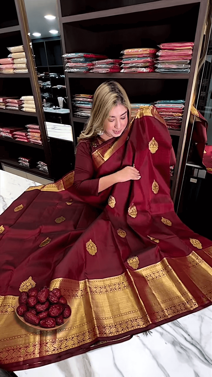 Eclat Maroon Soft Banarasi Silk Saree With Flameboyant Blouse Piece