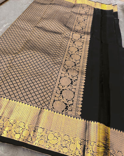 Tremendous Black Soft Banarasi Silk Saree With Pleasurable Blouse Piece
