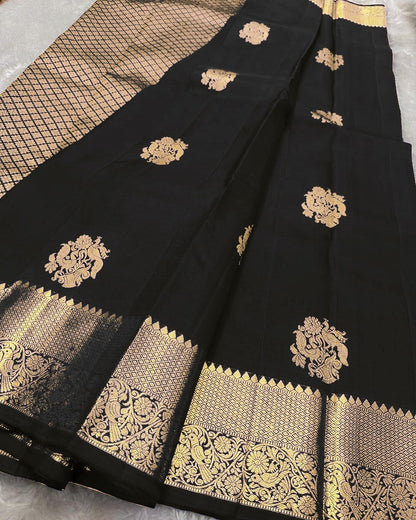 Tremendous Black Soft Banarasi Silk Saree With Pleasurable Blouse Piece