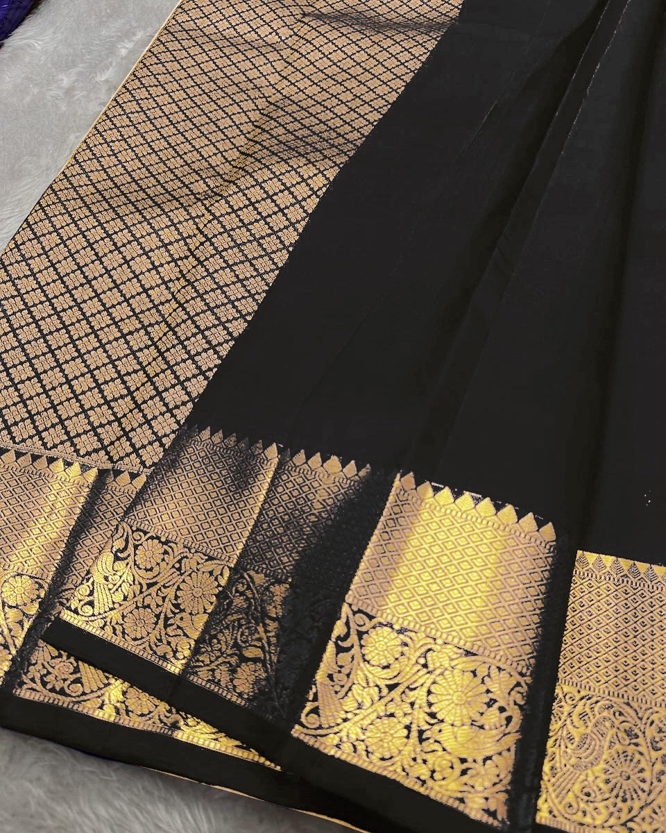 Tremendous Black Soft Banarasi Silk Saree With Pleasurable Blouse Piece