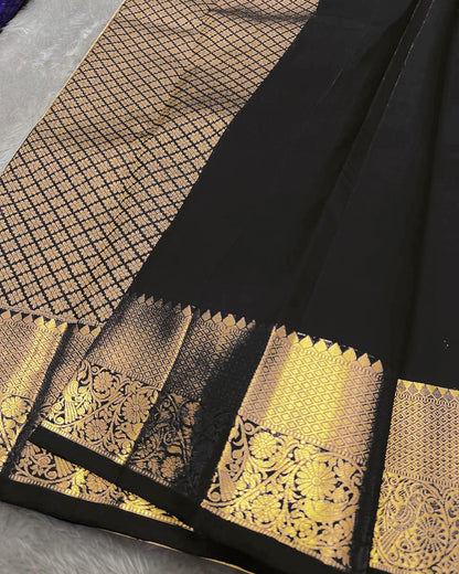 Tremendous Black Soft Banarasi Silk Saree With Pleasurable Blouse Piece