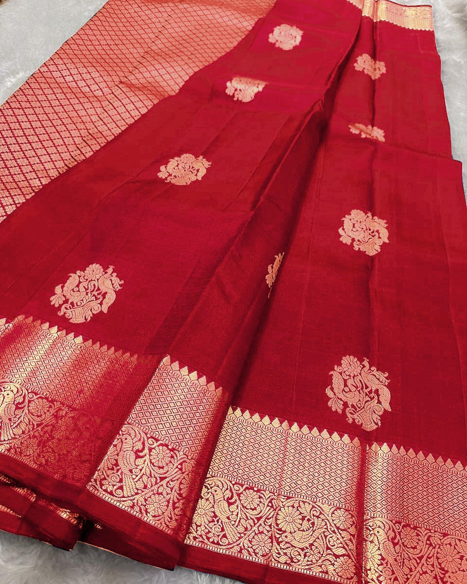 Luminous Red Soft Banarasi Silk Saree With Dissemble Blouse Piece