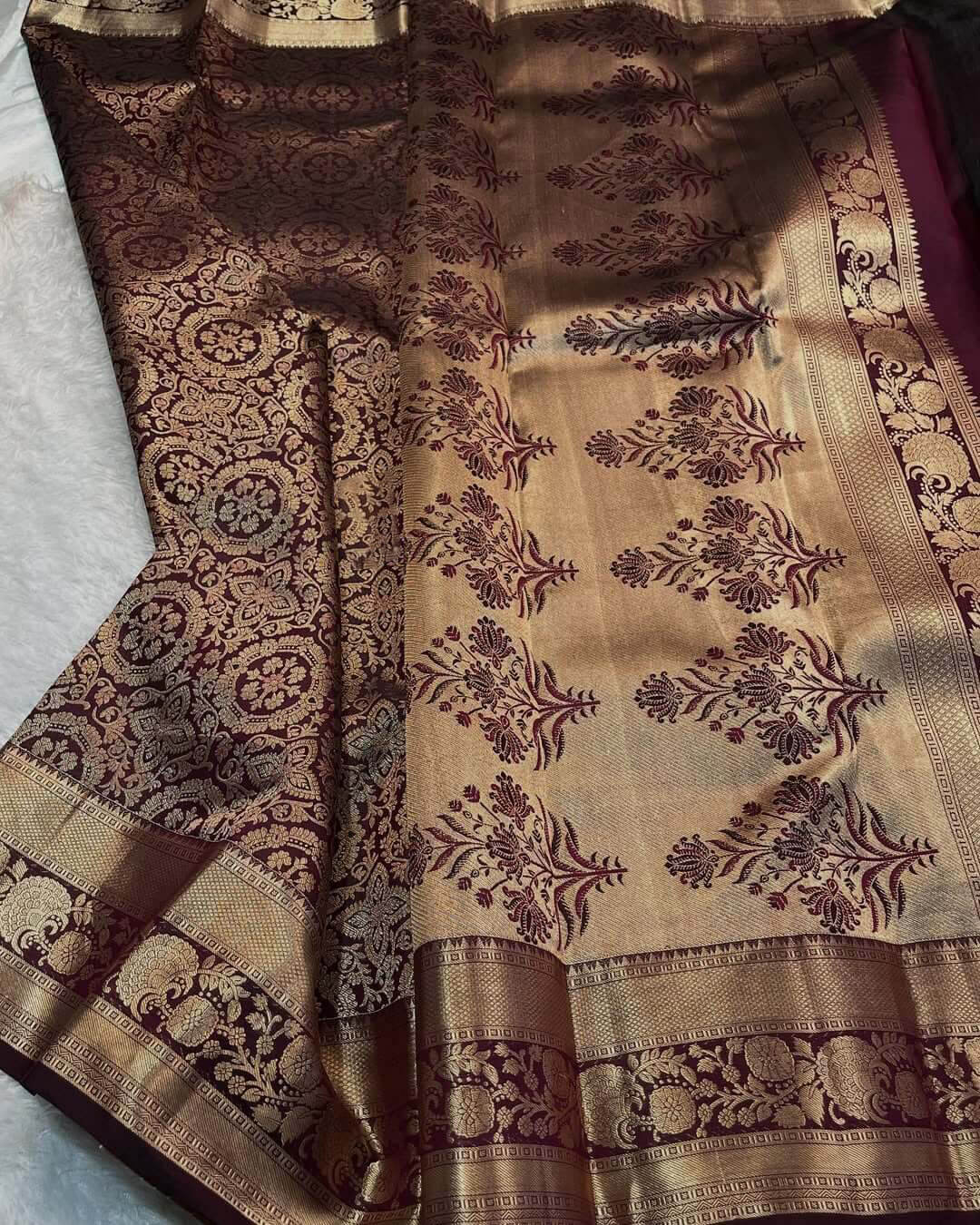 Blooming Wine Soft Banarasi Silk Saree With Blooming Blouse Piece