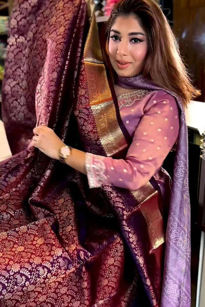 Vibrant Purple Soft Banarasi Silk Saree With Winsome Blouse Piece