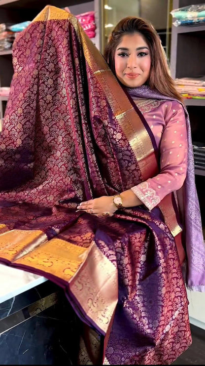 Vibrant Purple Soft Banarasi Silk Saree With Winsome Blouse Piece