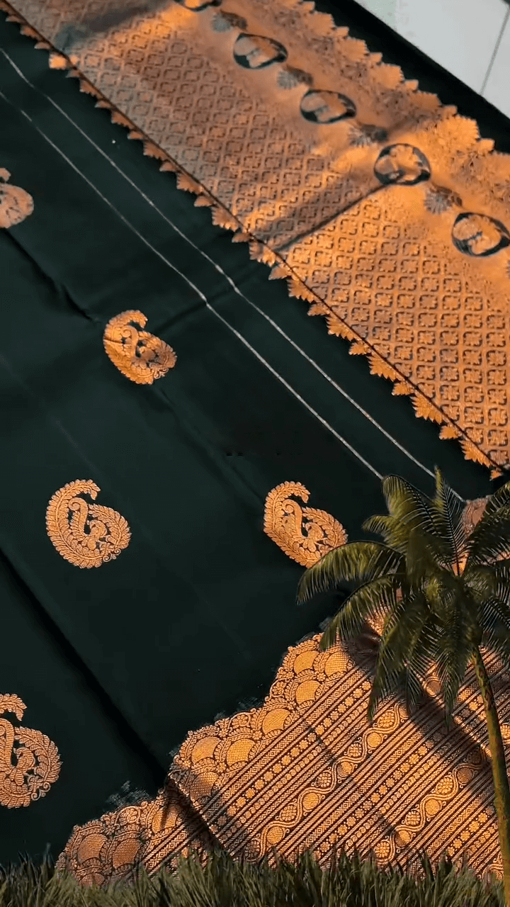 Desuetude Dark Green Soft Banarasi Silk Saree With Gorgeous Blouse Piece