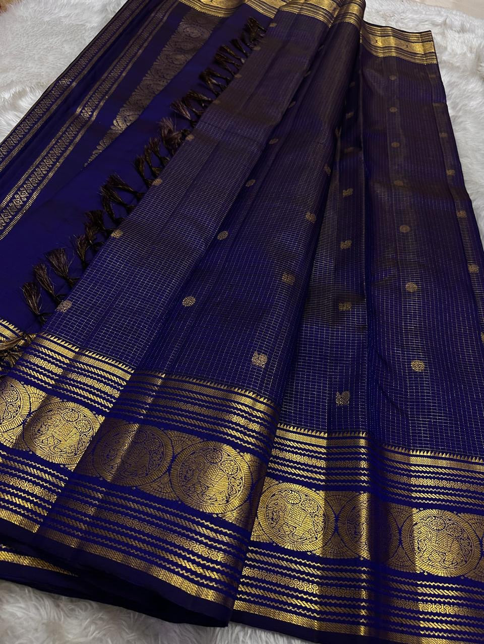 Petrichor Navy Blue Soft Banarasi Silk Saree With Eclat Blouse Piece