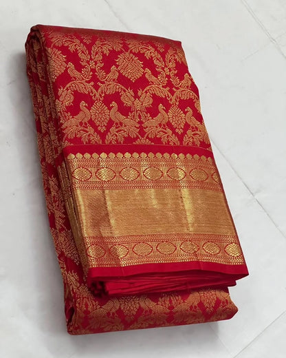 Divine Red Soft Banarasi Silk Saree With Trendy Blouse Piece