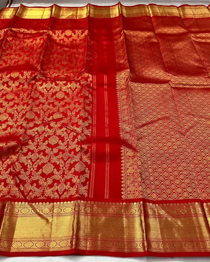 Divine Red Soft Banarasi Silk Saree With Trendy Blouse Piece