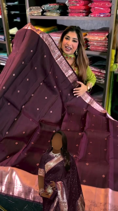 Jazzy Wine Soft Banarasi Silk Saree With Snazzy Blouse Piece