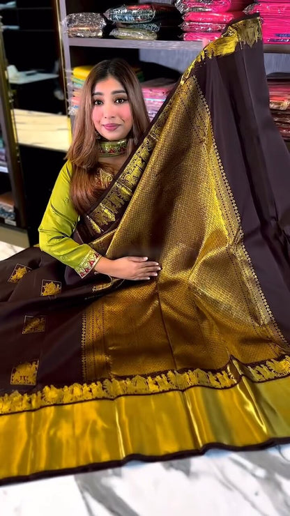 Artistic Brown Soft Banarasi Silk Saree With Snappy Blouse Piece