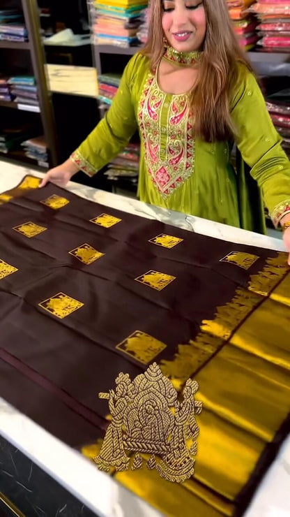 Artistic Brown Soft Banarasi Silk Saree With Snappy Blouse Piece