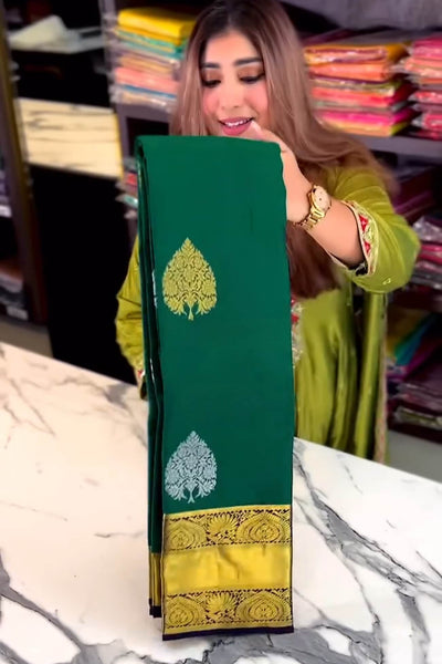 Eloquence Dark Green Soft Banarasi Silk Saree With Ineffable Blouse Piece