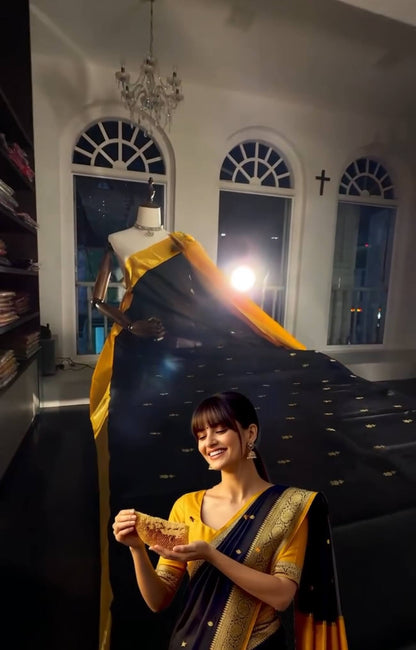 Fairytale Black Soft Banarasi Silk Saree With Pulsating Blouse Piece