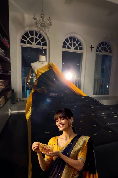 Fairytale Black Soft Banarasi Silk Saree With Pulsating Blouse Piece