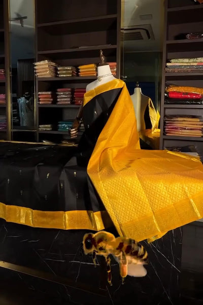 Fairytale Black Soft Banarasi Silk Saree With Pulsating Blouse Piece