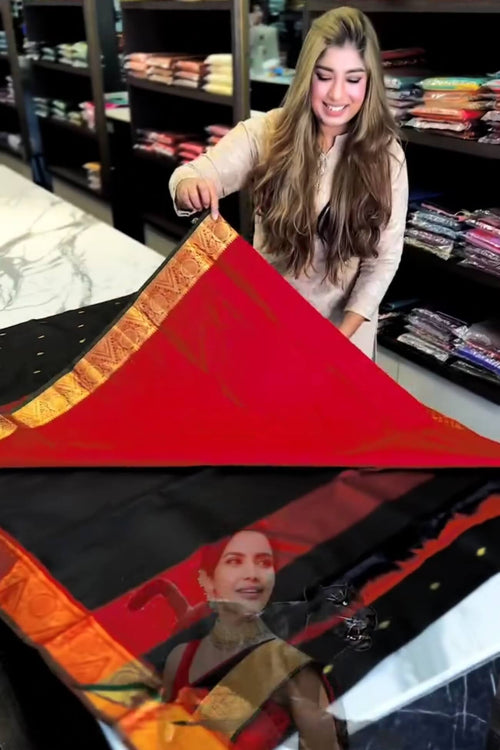 Load image into Gallery viewer, Magnificat Black Soft Banarasi Silk Saree With Confounding  Blouse Piece
