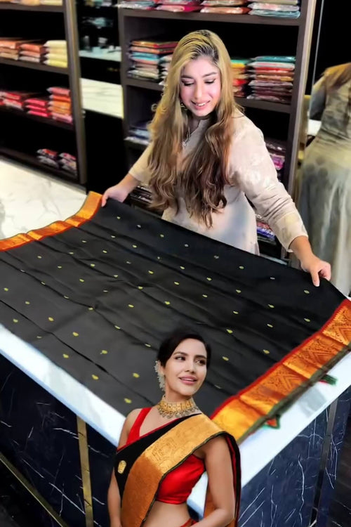Load image into Gallery viewer, Magnificat Black Soft Banarasi Silk Saree With Confounding  Blouse Piece
