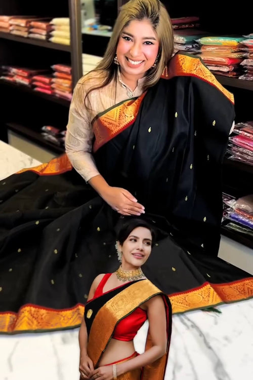 Load image into Gallery viewer, Magnificat Black Soft Banarasi Silk Saree With Confounding  Blouse Piece
