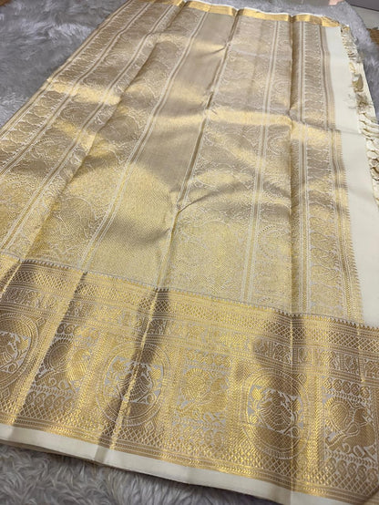 Eclat Beige Soft Banarasi Silk Saree With Designer Blouse Piece