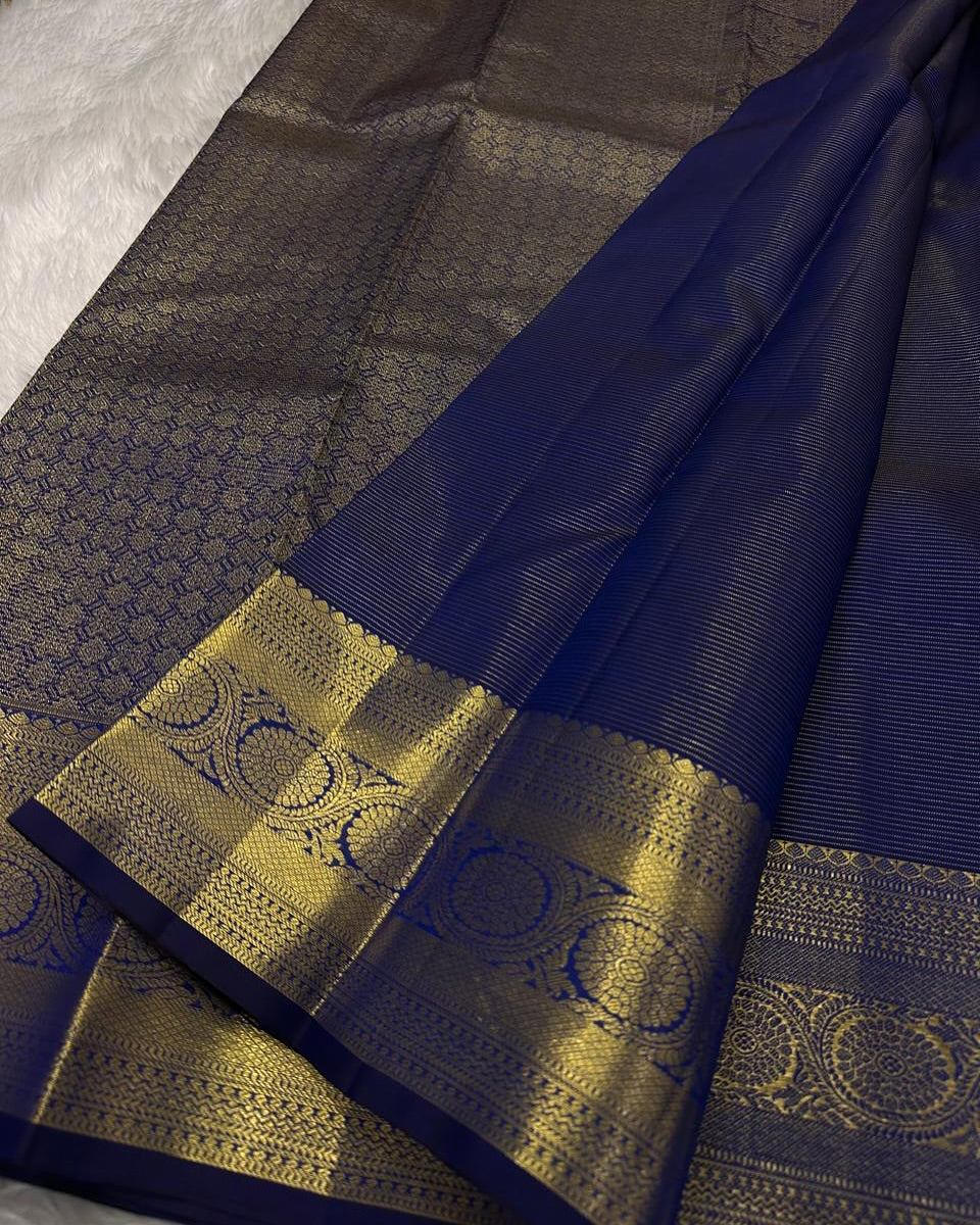 Zephyr Navy Blue Soft Banarasi Silk Saree With Forbearance Blouse Piece