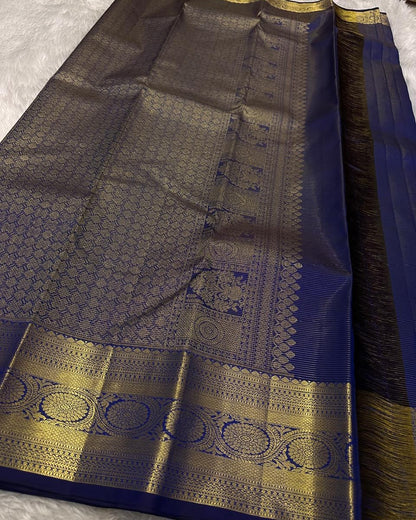 Zephyr Navy Blue Soft Banarasi Silk Saree With Forbearance Blouse Piece