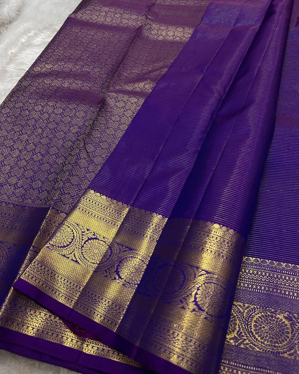 Ornate Purple Soft Banarasi Silk Saree With Ethereal Blouse Piece