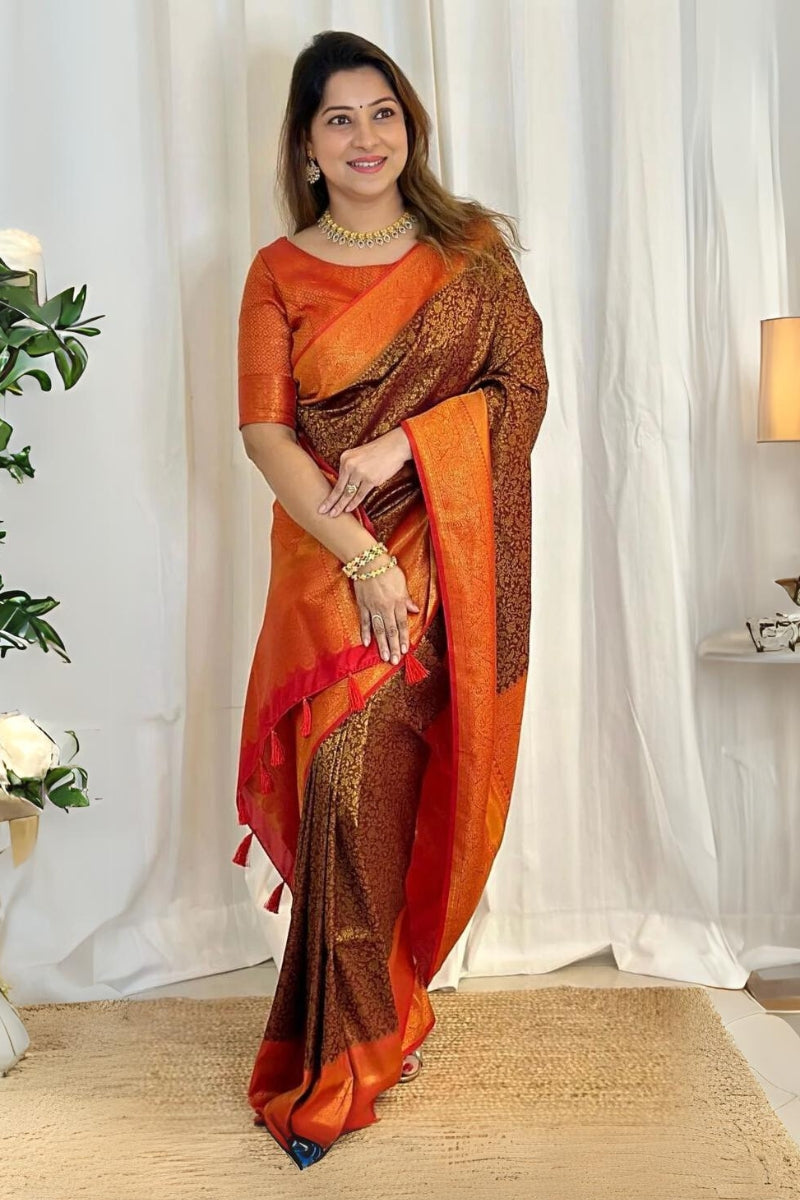 Splendorous Brown Soft Silk Saree With Amiable Blouse Piece