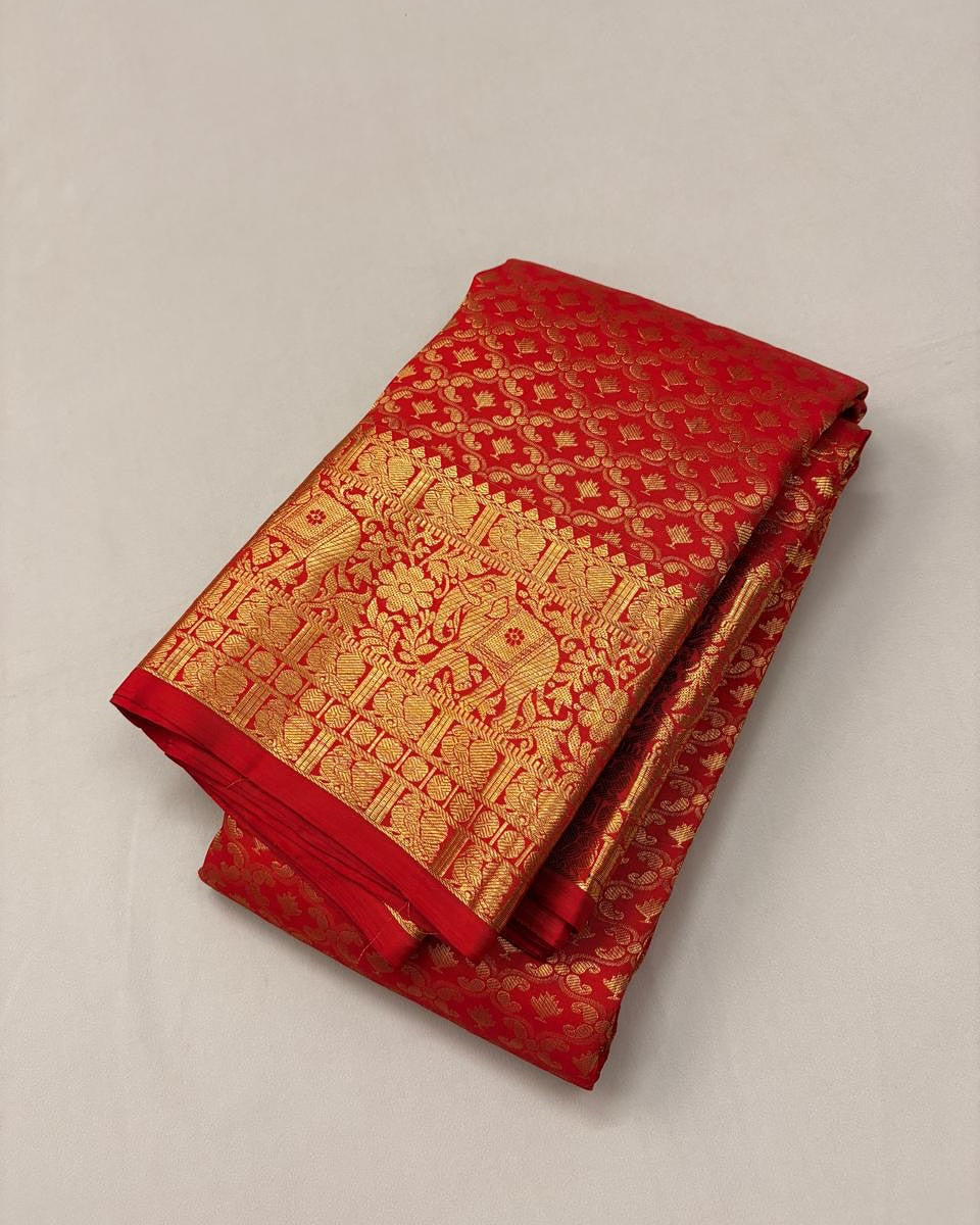 Lovely Red Soft Banarasi Silk Saree With Precious Blouse Piece