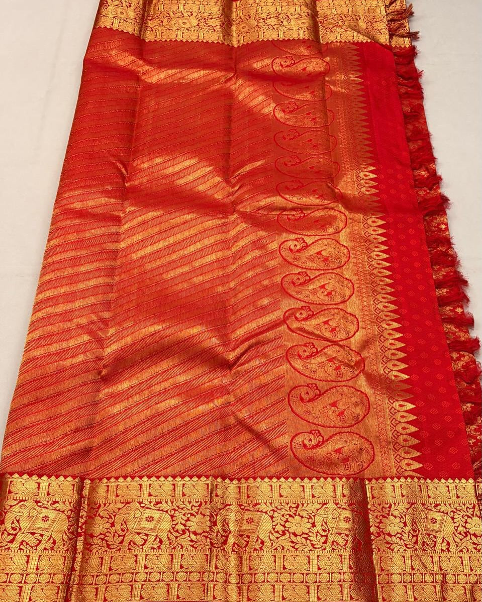 Lovely Red Soft Banarasi Silk Saree With Precious Blouse Piece