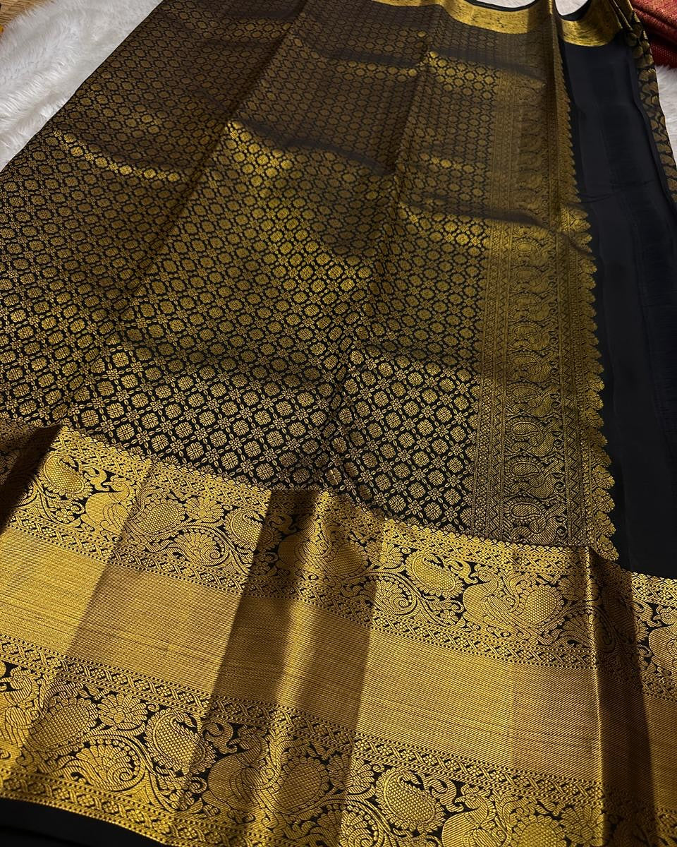 Divine Black Soft Banarasi Silk Saree With Seraphic Blouse Piece