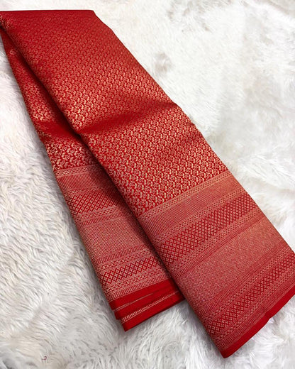 Desiring Red Soft Banarasi Silk Saree With Mesmeric Blouse Piece