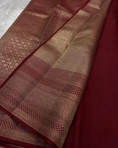 Bewitching Wine Soft Banarasi Silk Saree With Mesmerising Blouse Piece