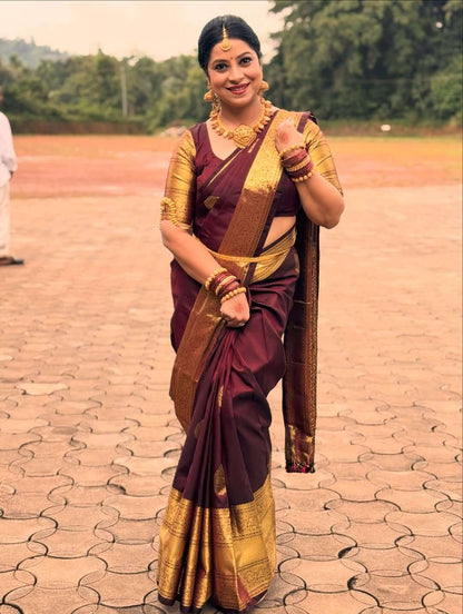 Eye-catching Maroon Soft Banarasi Silk Saree With Sophisticated Blouse Piece