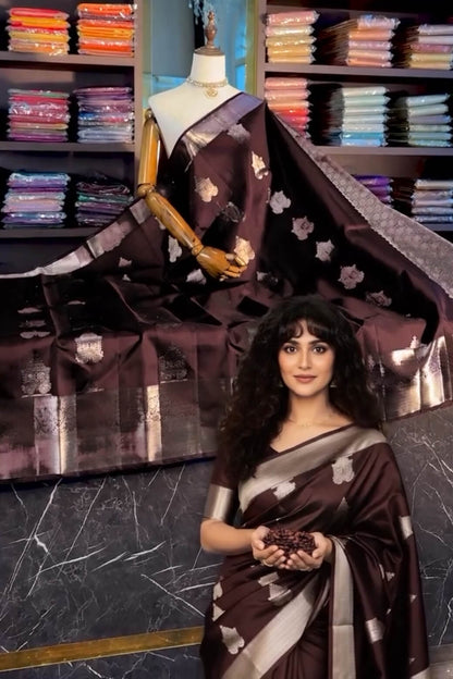 Bucolic Brown Soft Banarasi Silk Saree With Posh Blouse Piece