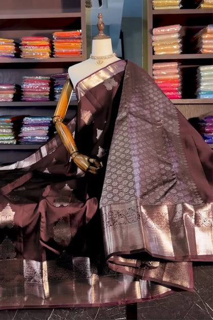 Bucolic Brown Soft Banarasi Silk Saree With Posh Blouse Piece