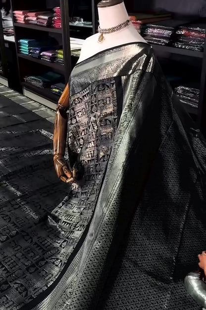 Tremendous Black Soft Banarasi Silk Saree With Elaborate Blouse Piece