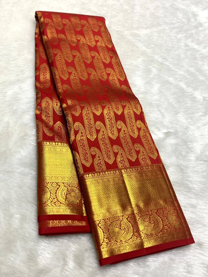 Grandiose Red Soft Banarasi Silk Saree With Vibrant Blouse Piece