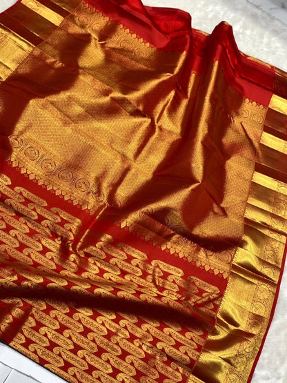 Grandiose Red Soft Banarasi Silk Saree With Vibrant Blouse Piece